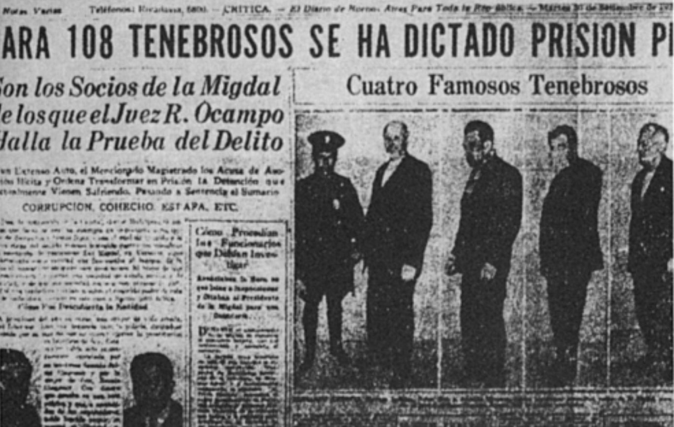 Copertina di un quotidiano di Buenos Aires, dopo il verdetto contro lo Zwi Migdal a, 1930 (Credit: Diario Critica)